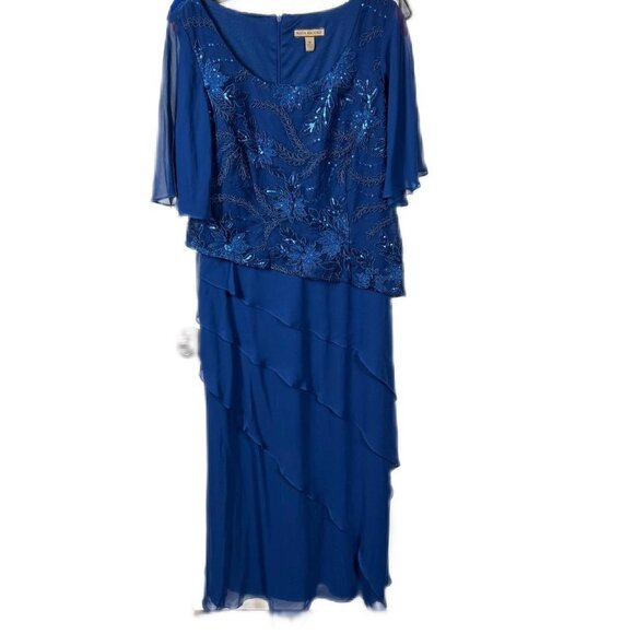 Maya Brooke blue tiered shirt sleeve sequin evening gown. Size 10 - Picture 1 of 9